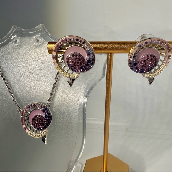 Vintage Swarovski Crystal Swirl Necklace & Earrings Set Purple Pink Silver Tone - Picture 4 of 9